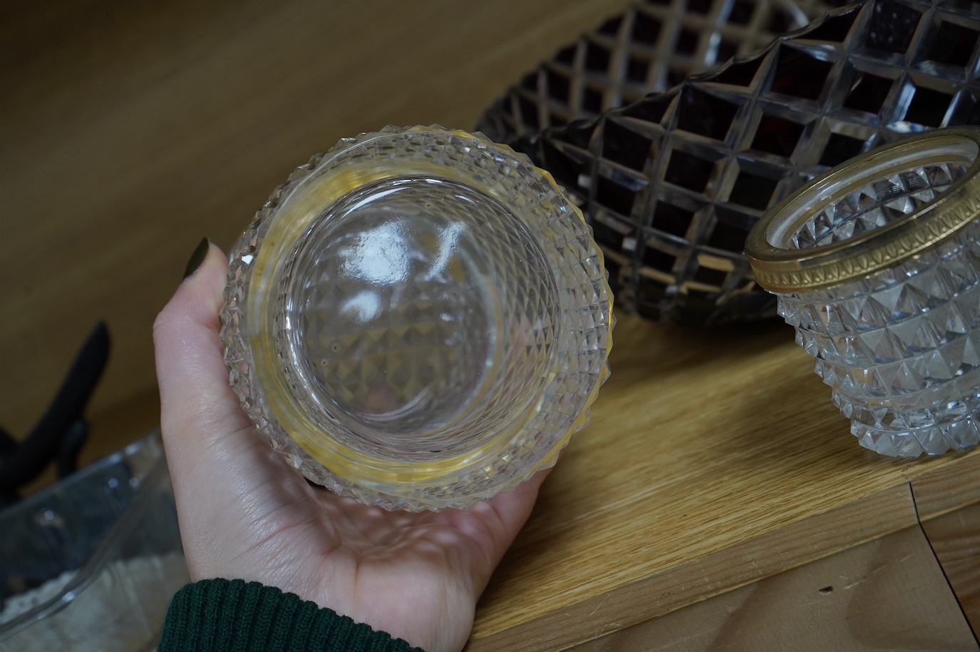 Three Bohemian ruby overlaid glass bowls and two jars, largest bowl 23cm diameter. Condition - some very minor nicks and light surface scratches, otherwise good